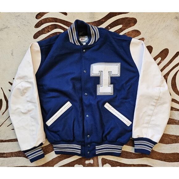 Neff letterman Varsity Letter Jacket Wool Blend Snap Button Blue White "T" Sz L - Picture 1 of 5